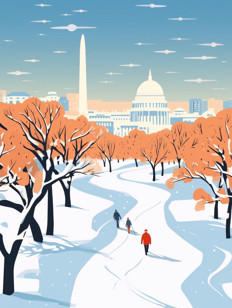 Retro Winter Illustration Washington Dc Usa