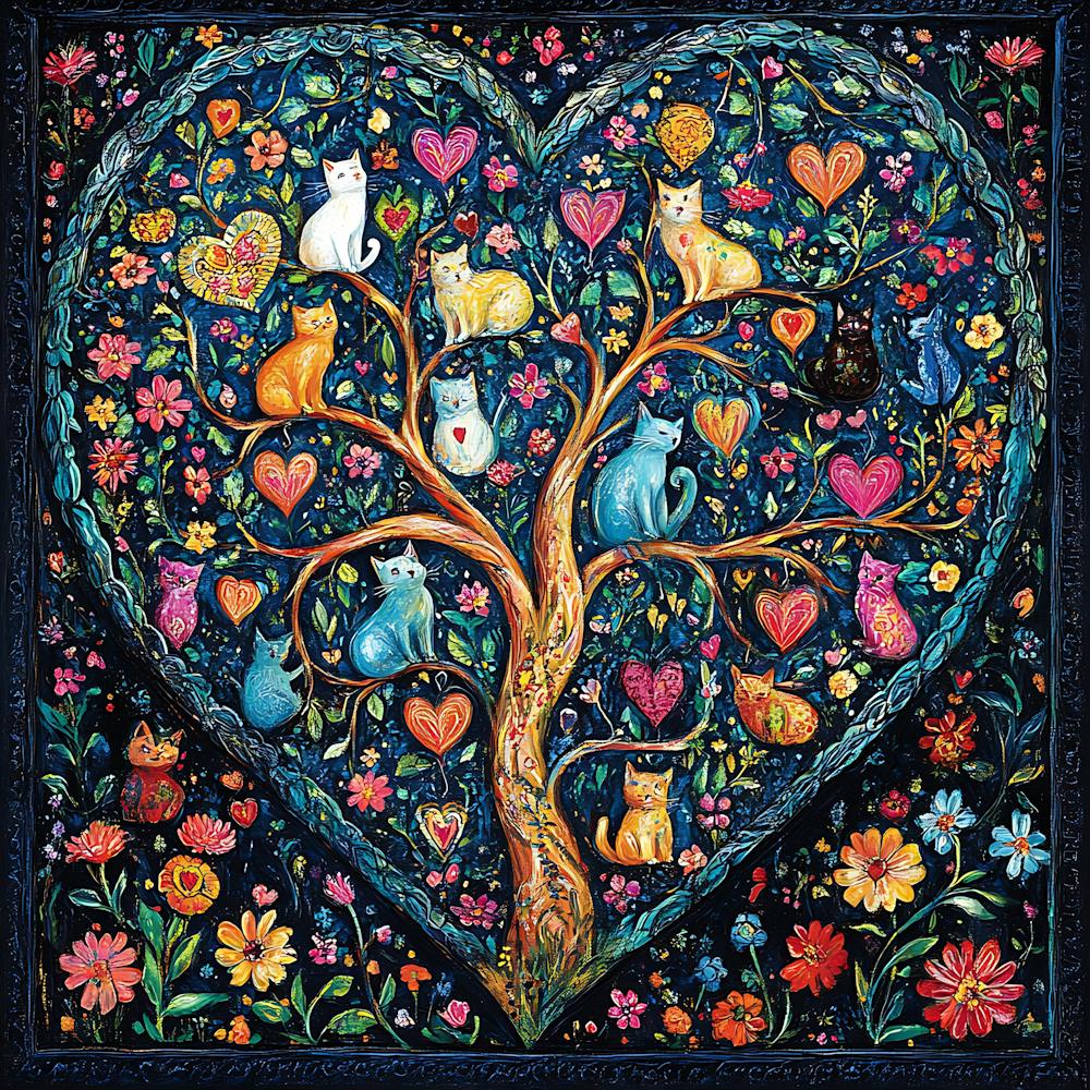 Folk Art Heart Tree Cat Climbing Artwork 9