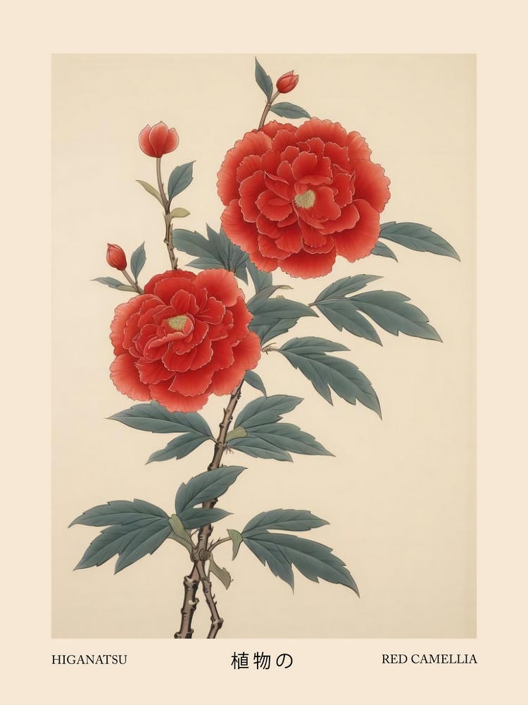 Higanatsu Red Camellia 4 Vintage Japanese Botanical Poster