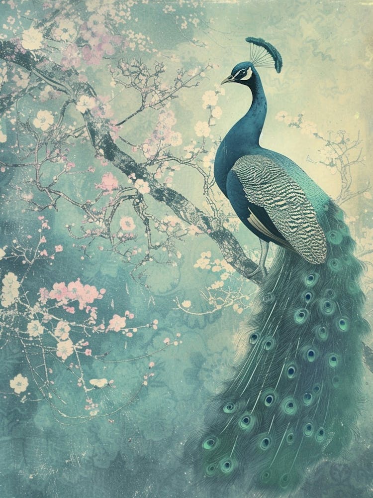 Vintage Turquoise Peacock With Blossom