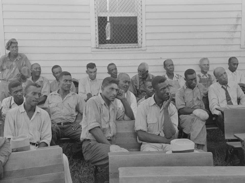 Clients Listening To Visiting Public Health Official, Southeast Missouri Farms, La Forge, Missouri By Russell Lee