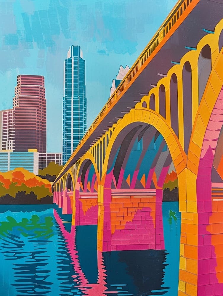 Congress Avenue Bridge Austin Texas Colourful Blockprint 3
