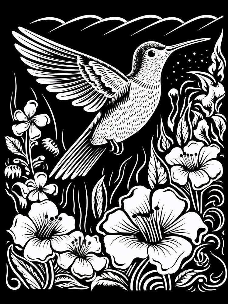B&W Bird Linocut Hummingbird 7