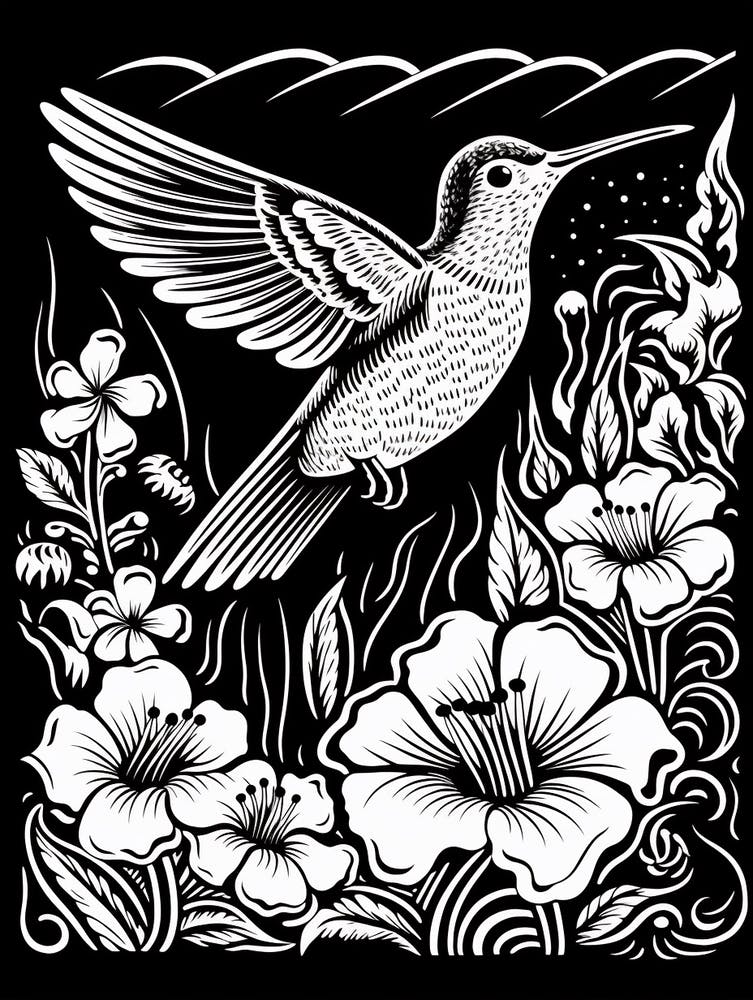 B&W Bird Linocut Hummingbird 7