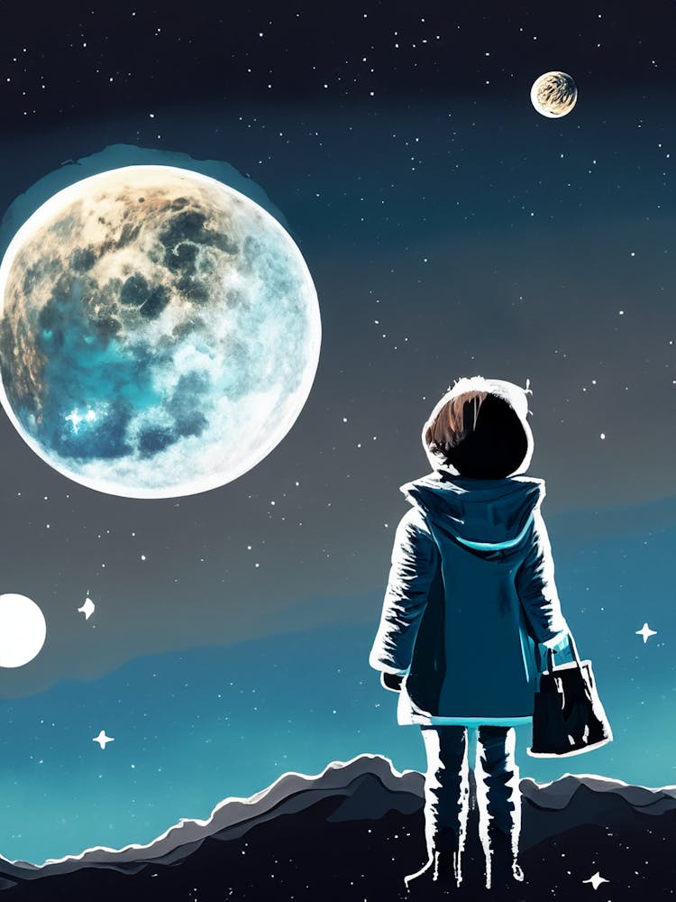 Fille Sous un Ciel Étoilé avec Deux Lunes