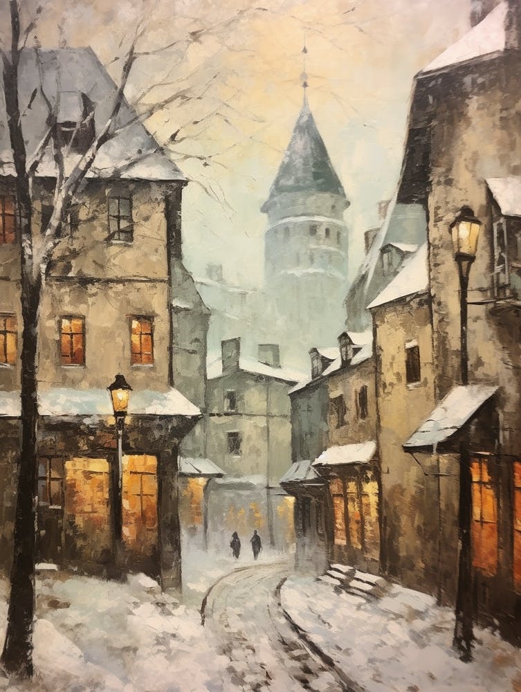 Vintage Winter Painting Tallinn Estonia 1