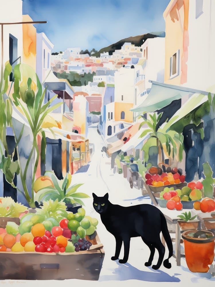 Food Market With Cats In Santorini 1 Watercolour