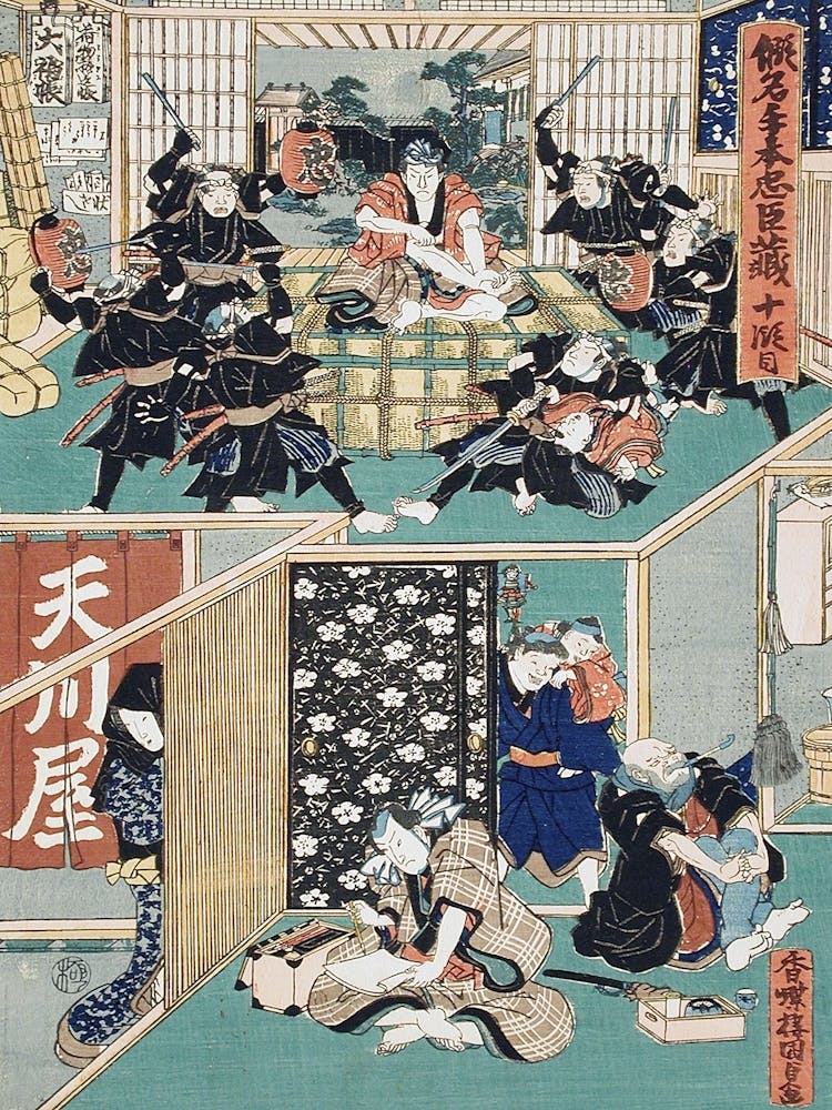 Act X Gihei, Proving His Loyalty, Defies The Rōnin To Move Him; Gihei Writing A Letter Of Divorce Before His Father In