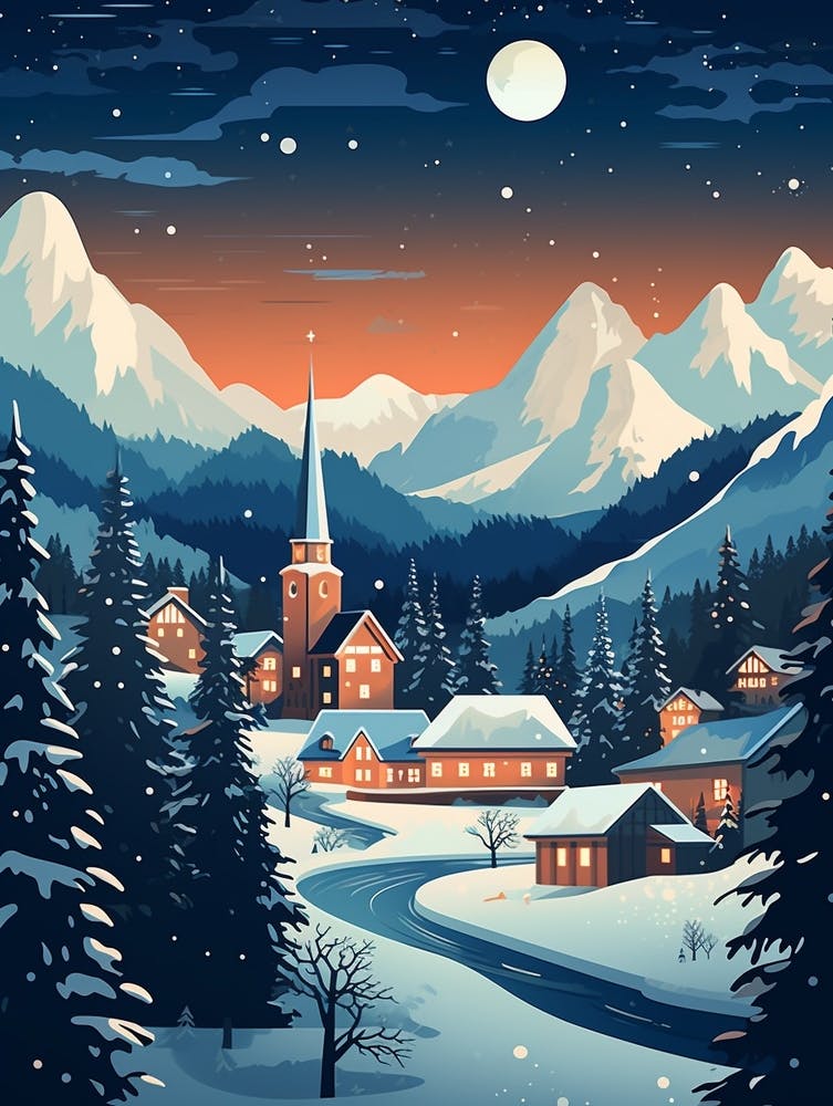 Winter Travel Night Illustration Bavaria Germany