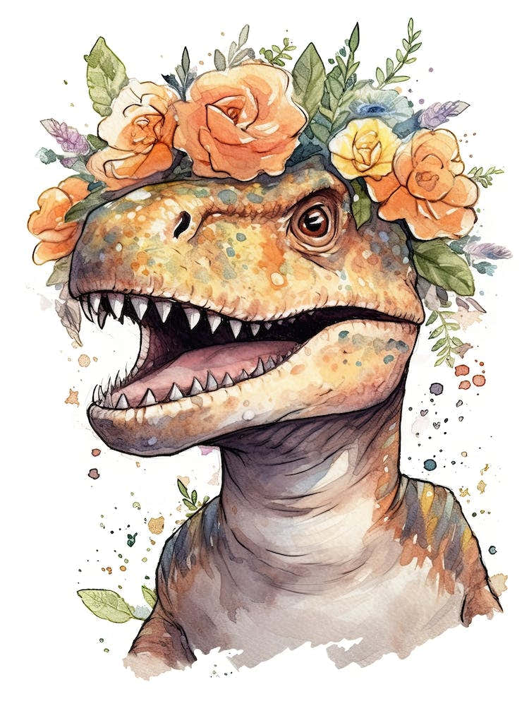 Tyrannosaurus Rex With A Crown Of Flowers Cute Dinosaur Watercolour 4