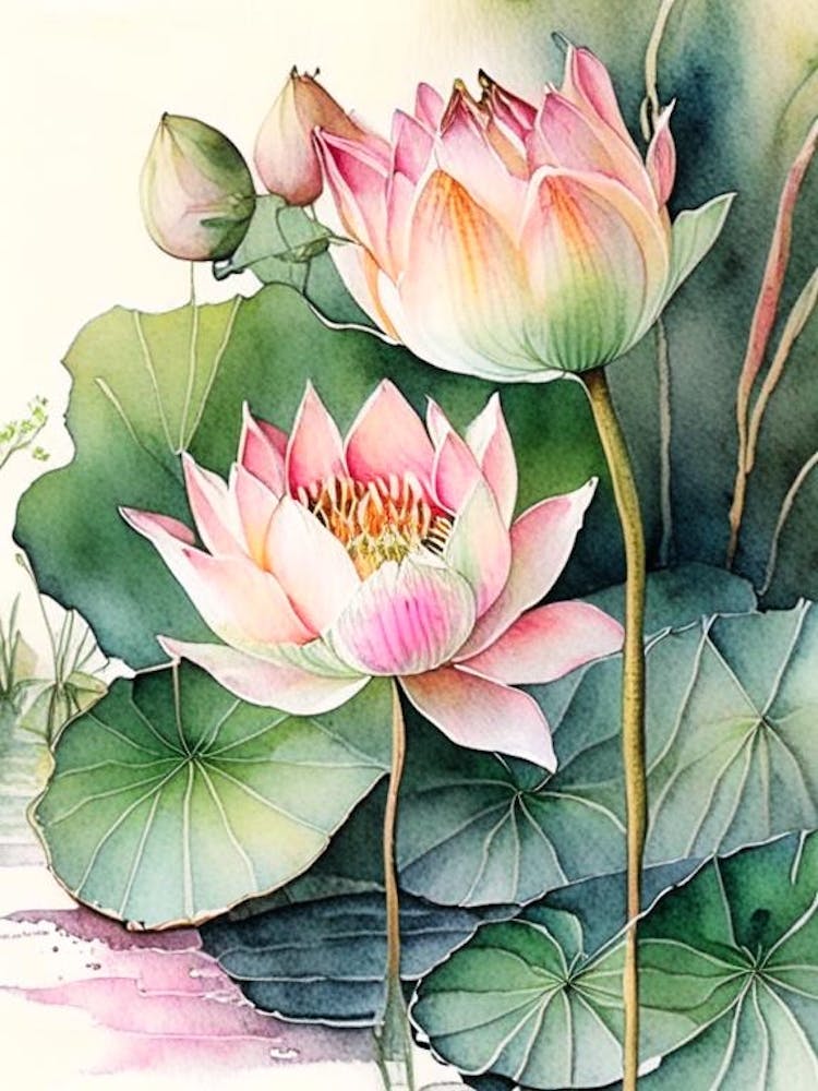 Lotus Flowers In Park Watercolour Ink Pencil 2