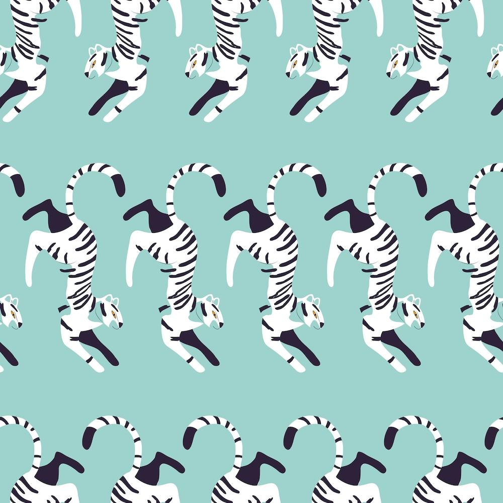 Prancing White Tiger Pattern On Blue Square