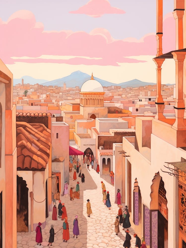 Marrakech Morocco 4 Vintage Pink Travel Illustration