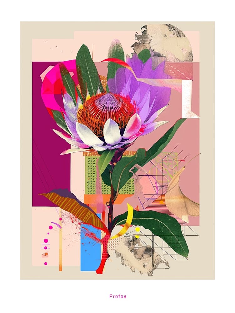 Protea 1 Neon Flower Collage Poster