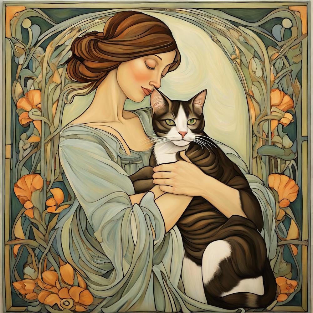 Woman with her Beloved Cat in Style of Art Nouveau 2