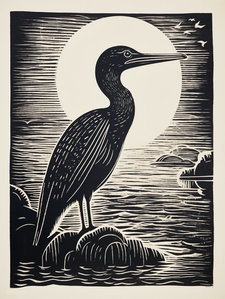 Schwarz-Weiß Vogellinolschnitt Kormoran 3