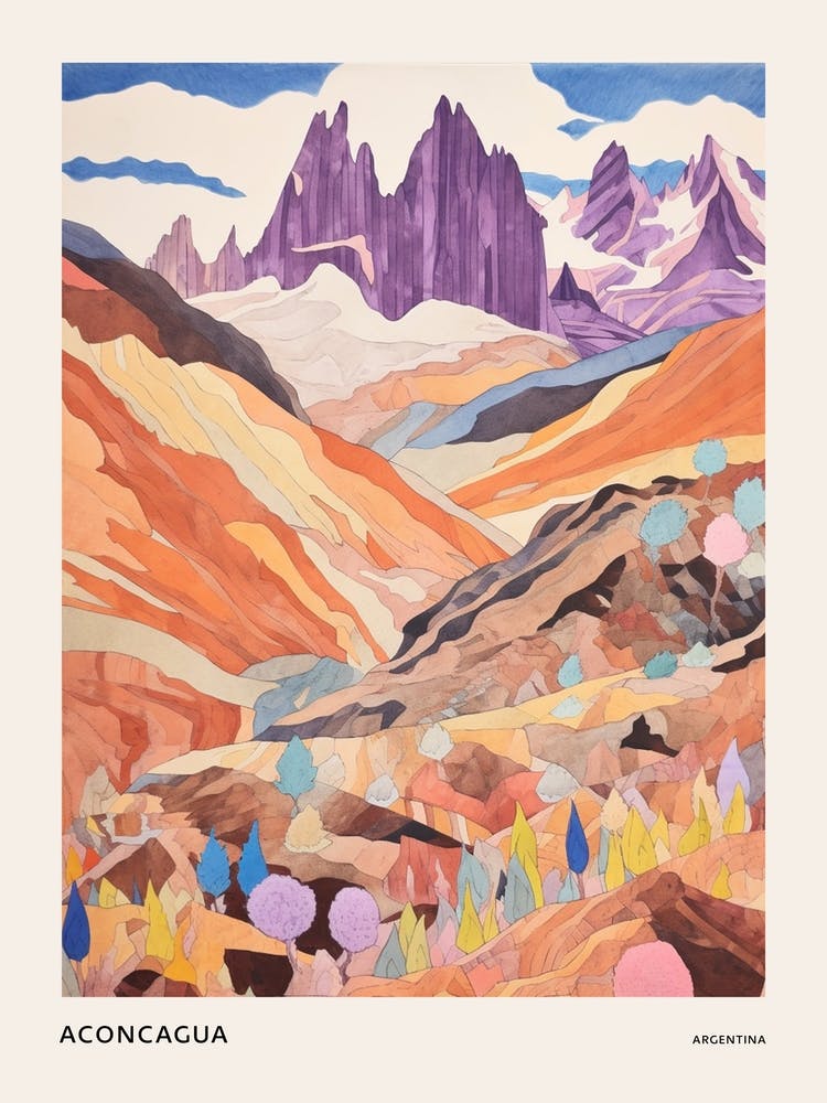 Aconcagua Argentina 3 Colourful Mountain Illustration Poster