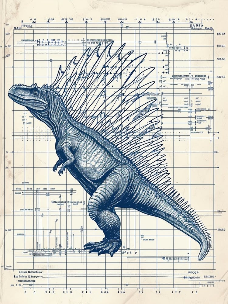 Dimetrodon Dinosaur Blue Print Style