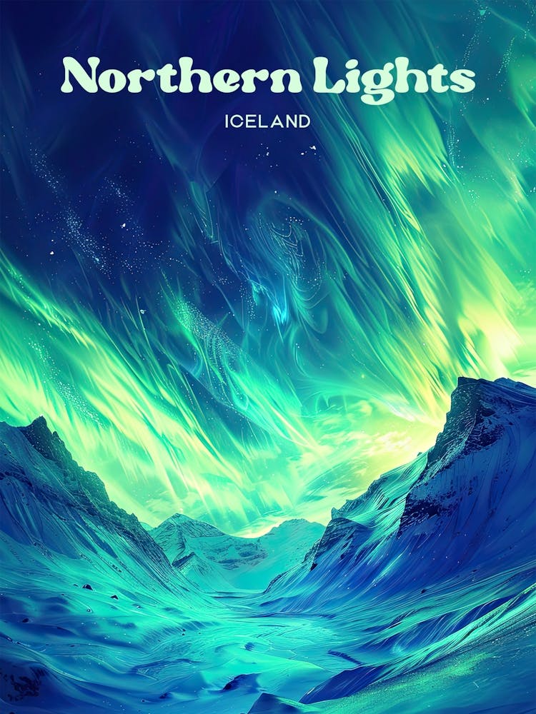 Northern Lights Iceland Aurora Borealis Digital Travel Illustration