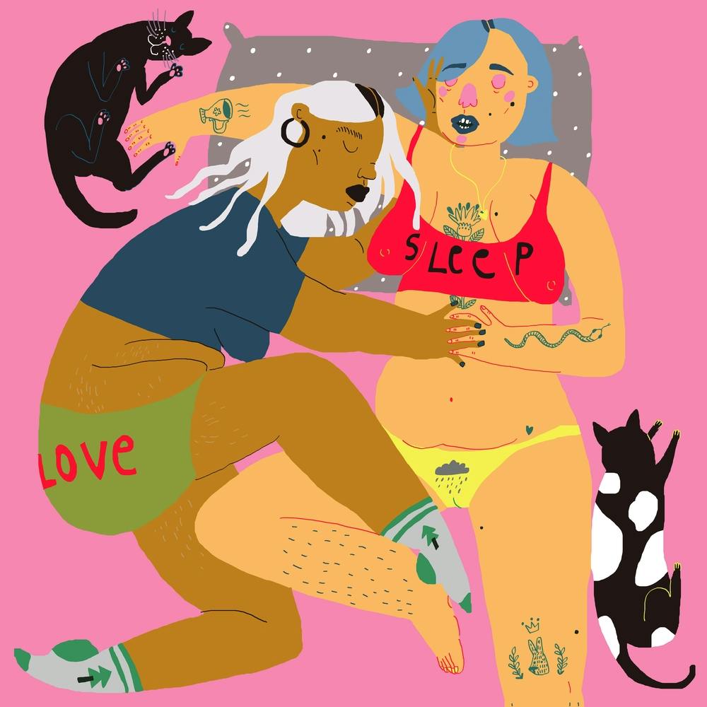 Sleeping Couple With Two Cats