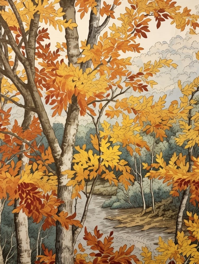 European White Birch 2 Vintage Autumn Tree Print 