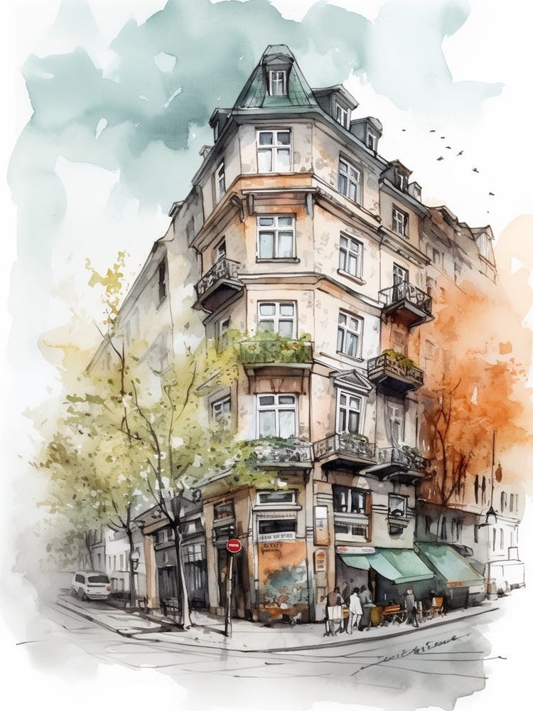 Prenzlauer Berg Berlin Neighborhood, Watercolour 1