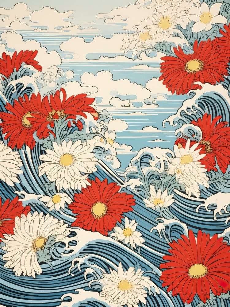 Great Wave With Dahlberg Daisy Flower Drawing In The Style Of Ukiyo E 1
