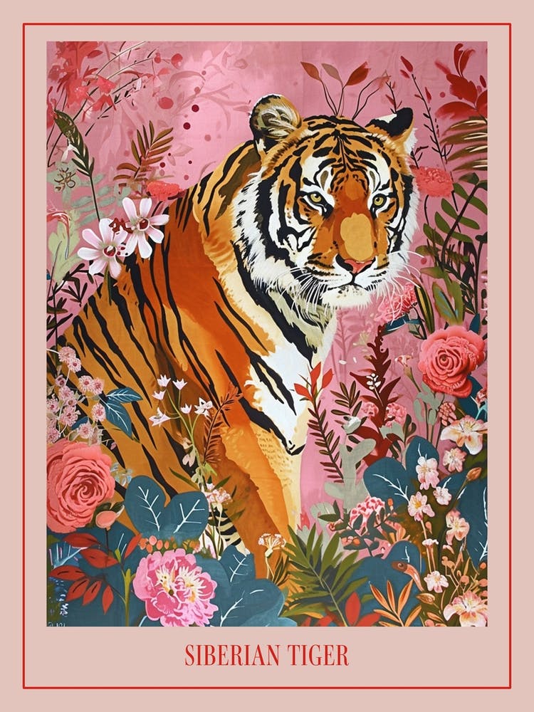 Floral Animal Painting Siberian Tiger 3 Poster