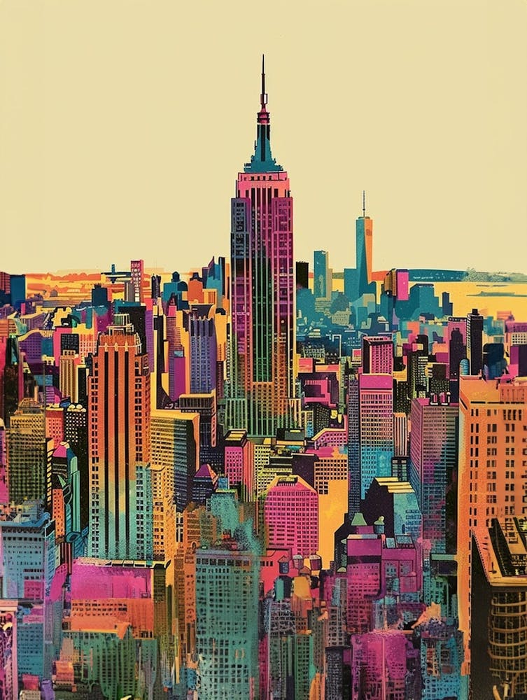 Manhattan Skyline New York Colourful Silkscreen Illustration 1