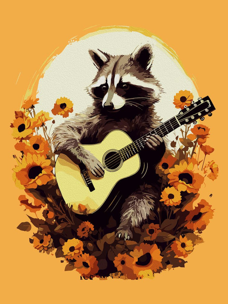 Raccoon Guitar Serenade In Sunflowers