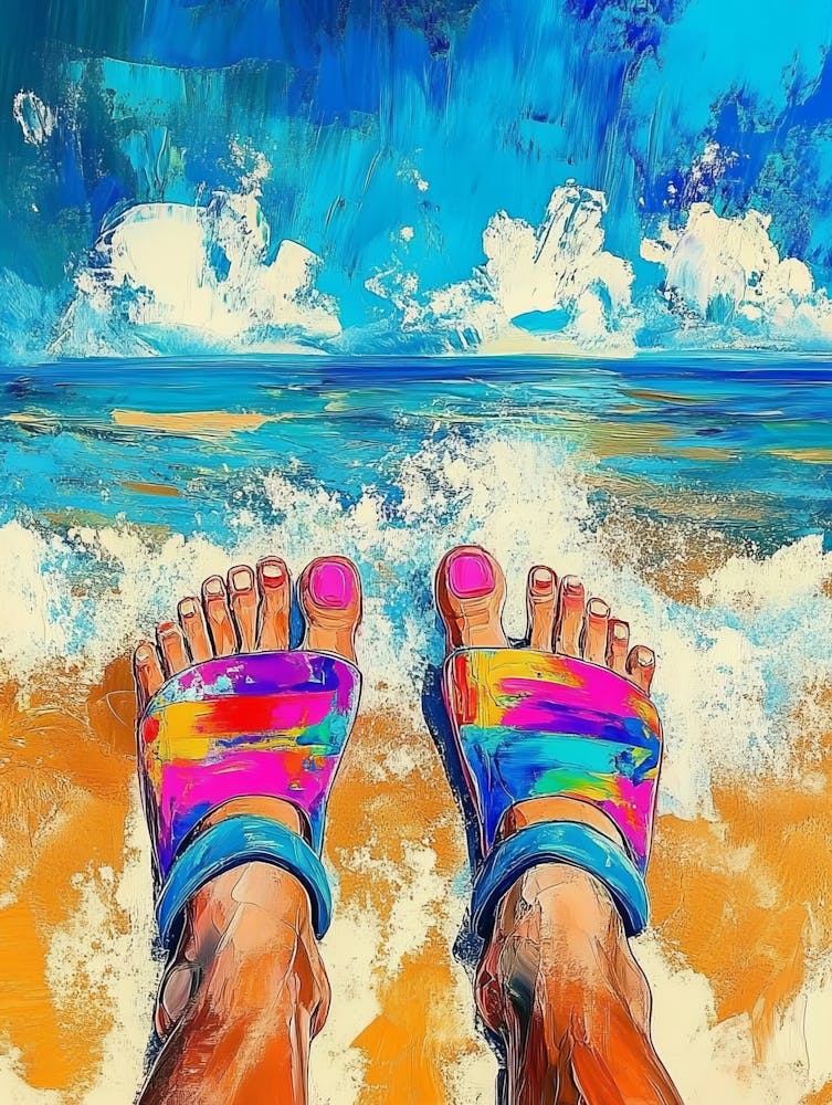 Painting Of Colorful Feet With Flip Flops On Sandy Beach 1
