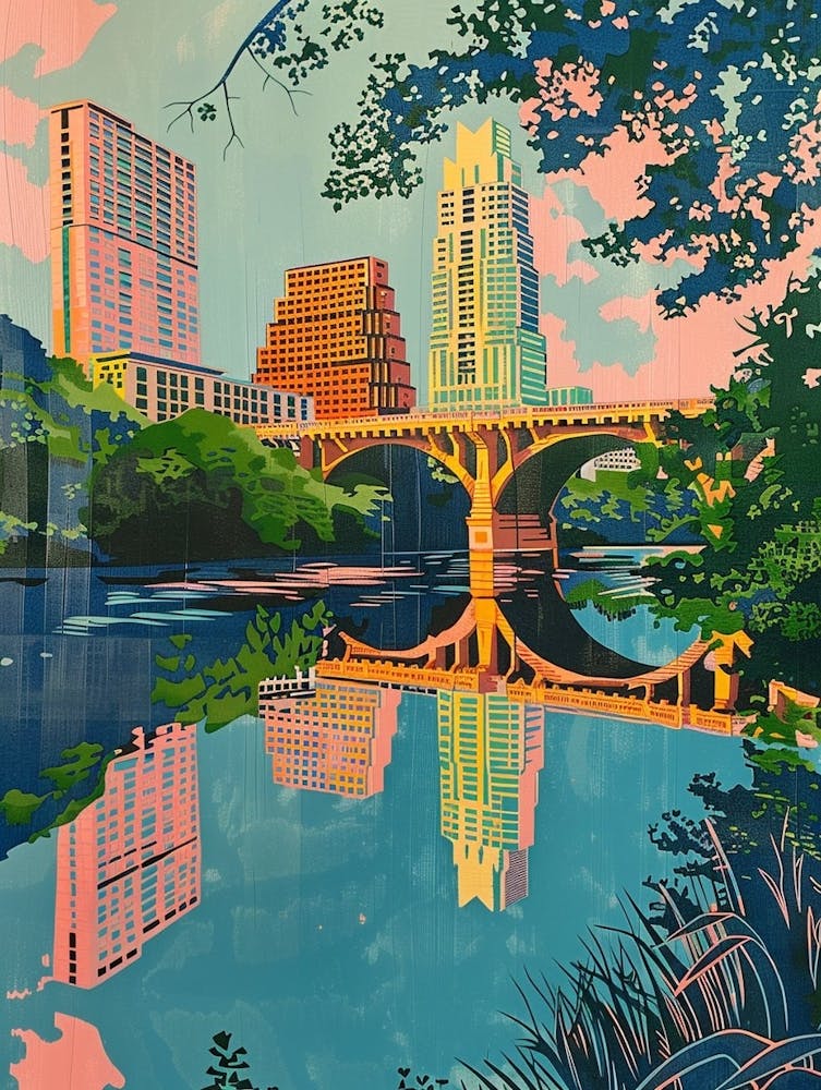 Congress Avenue Bridge Austin Texas Colourful Blockprint 2