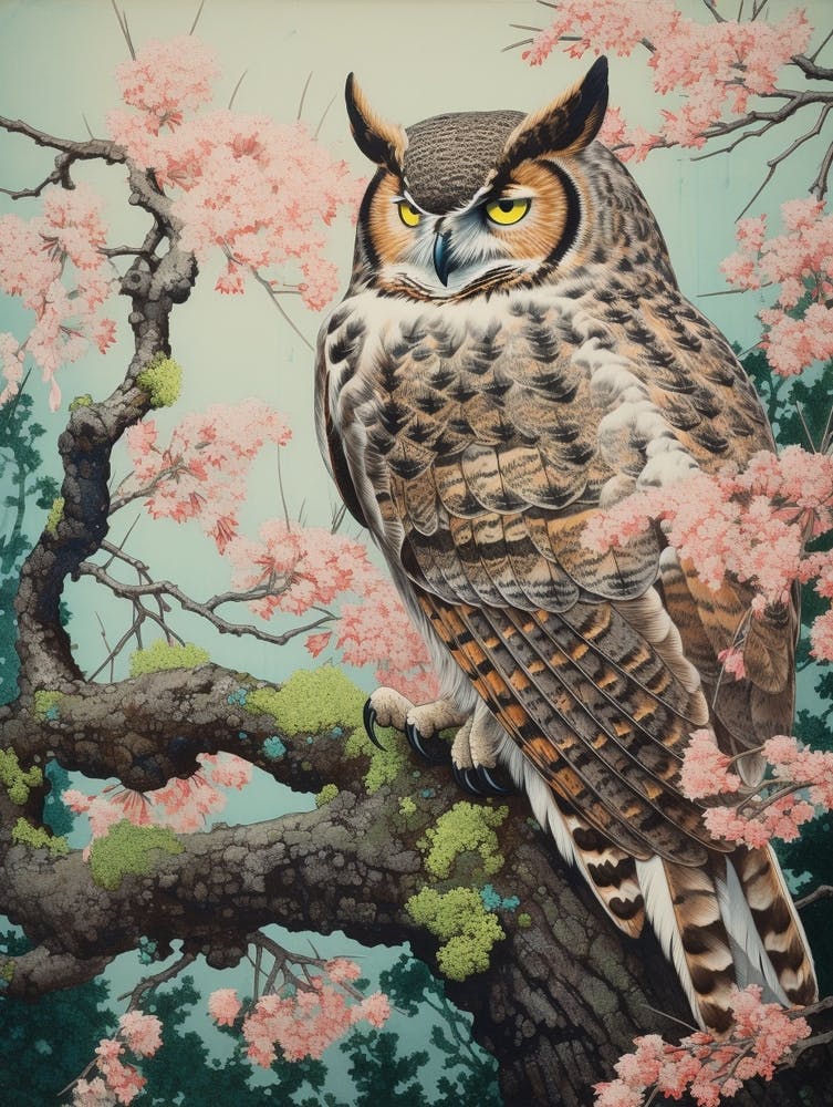 Ohara Koson Inspired Bird Painting Great Horned Owl 2