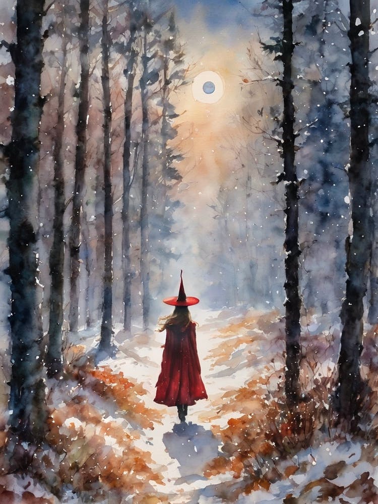 Red Witch in Winter Woods - Cottagecore Witchy Original Watercolor by Lyra the Lavender Witch - Pagan Fairytale Snowy Yule Forest Scene Perfect Witches Wicca Wall Decor Feature Full Moon Gloomy Dark Aesthetic Beautiful HD