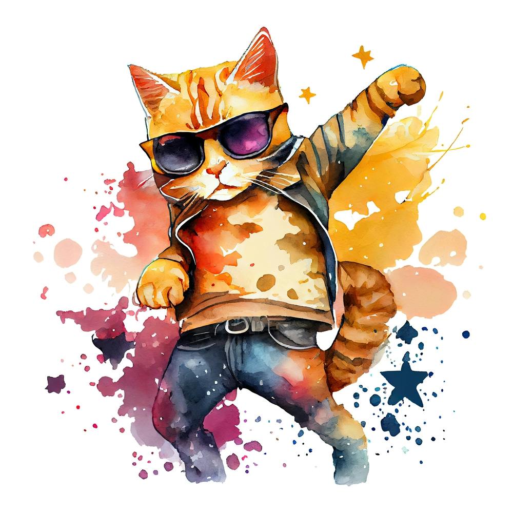 Watercolor Cute Cat Cool Superstar Cartoon Animal Character