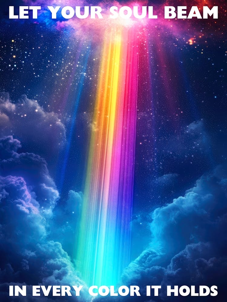 Inspirational rainbow light art with bold blue, pink, golden in a cosmic aesthetic – colorful visionary, metaphysical art great for affirmational decor, yoga studio, or creative spaces