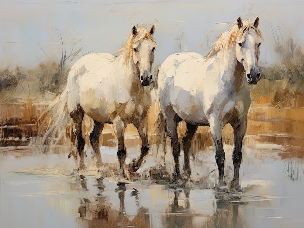 Horses Painting In Camargue, France, Landscape 1