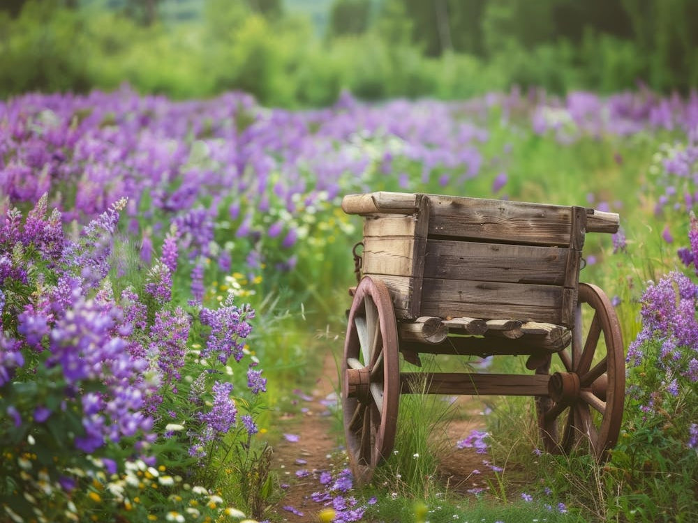 Old Wooden Cart In A Purple Field