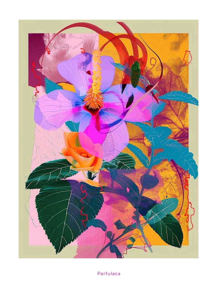 Portulaca 2 Neon Flower Collage Poster