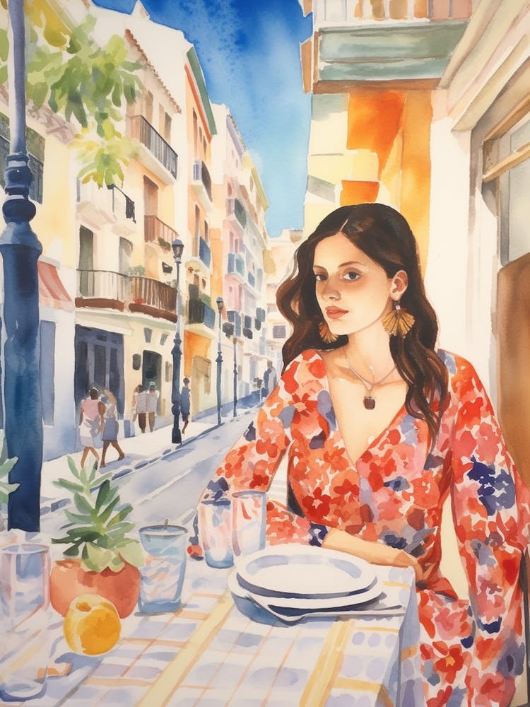 At A Cafe In Alicante Spain Watercolour