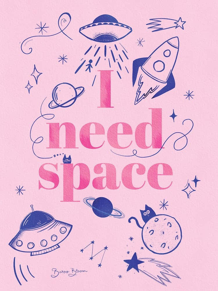 I Need Space - Pink Doodle Planets and Space Ships with Cats