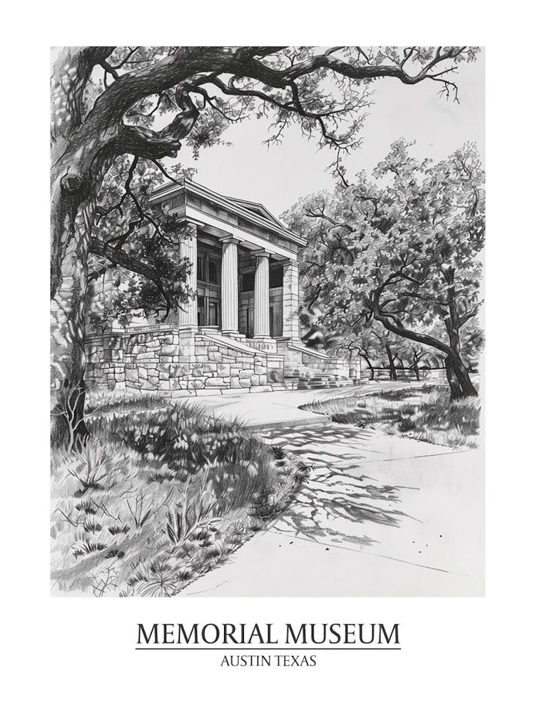 Memorial Museum Austin Texas Black And White Drawing 1 Poster