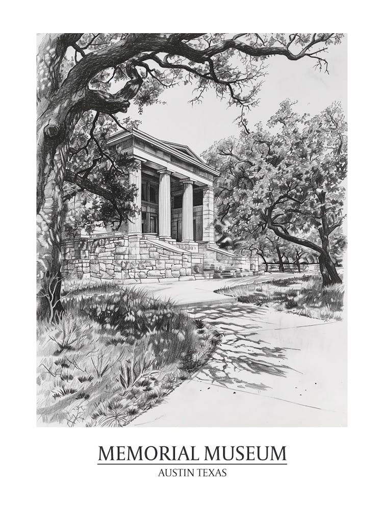 Memorial Museum Austin Texas Black And White Drawing 1 Poster