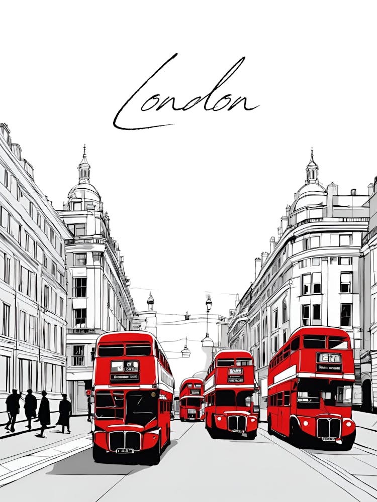 London Red Buses, Black And White Illustration