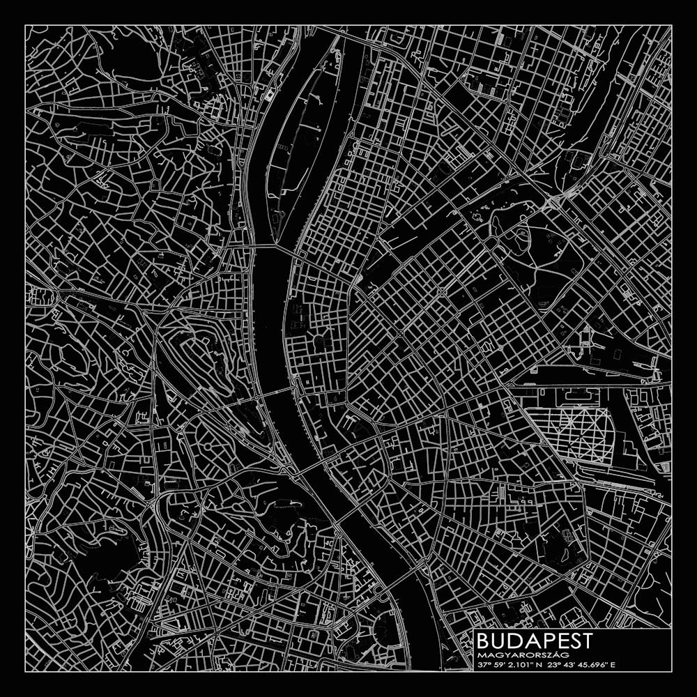 Budapest, Magyarország, (Budapest, Hungary) City Map White On Black Blueprint Design