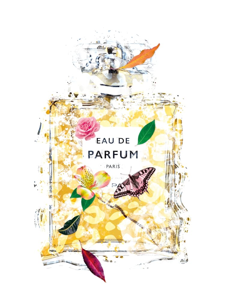 Goldene französische Parfümflasche mit Schmetterling und hübschen Blumen