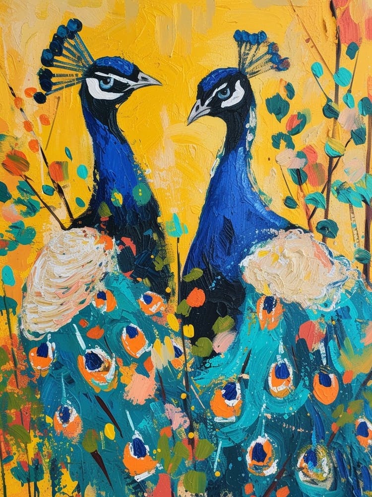 Two Peacocks Colourful Painting 2