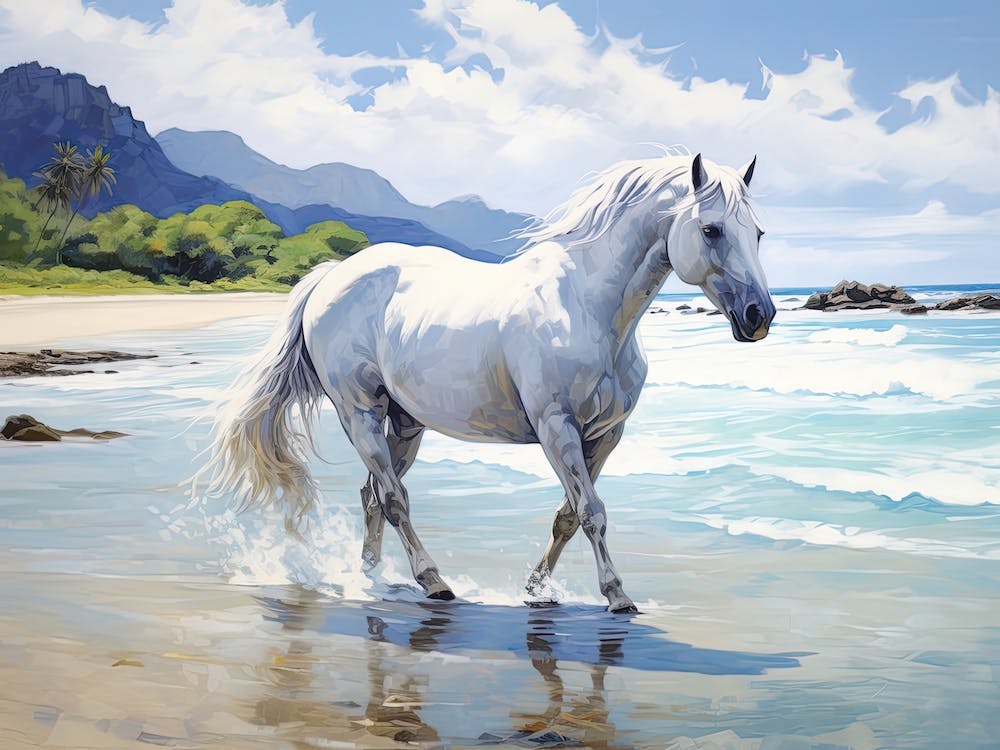 A Horse Oil Painting In Lanikai Beach Hawaii, Usa, Landscape 1