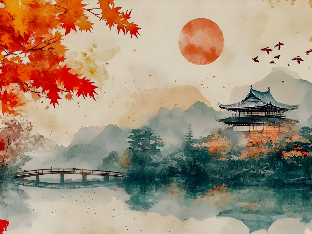 Serenity in the Autumn Temple -#JapaneseArt #WatercolorScenery #AutumnTemple #PeacefulNature #CulturalArt #MistyMountains #SunsetGlow #OrientalBeauty #TranquilVibes #FyArt