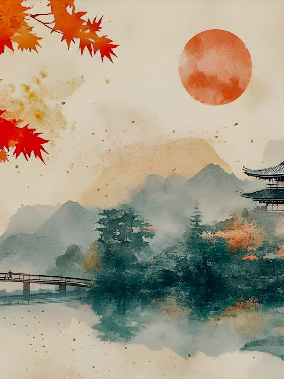 Serenity in the Autumn Temple -#JapaneseArt #WatercolorScenery #AutumnTemple #PeacefulNature #CulturalArt #MistyMountains #SunsetGlow #OrientalBeauty #TranquilVibes #FyArt